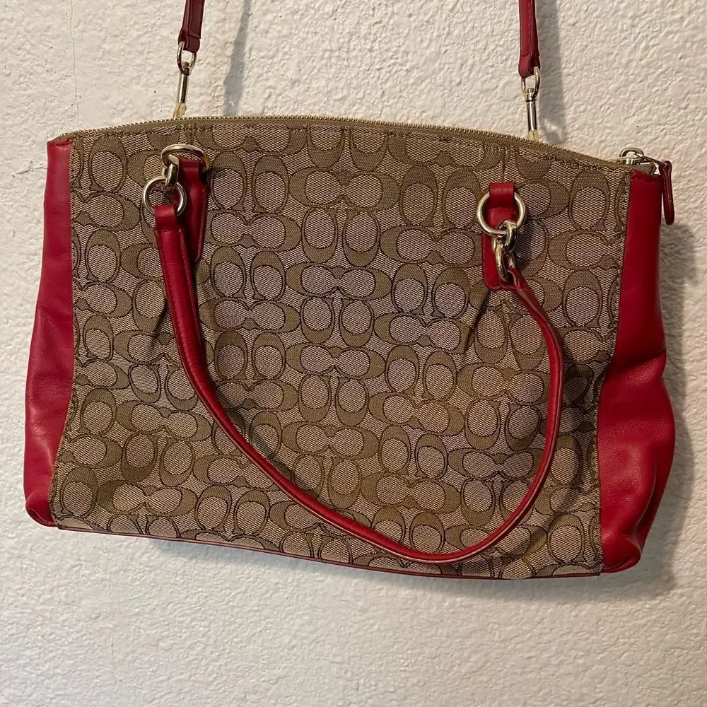 Coach Red and Tan Shoulder Bag with Signature Monogram